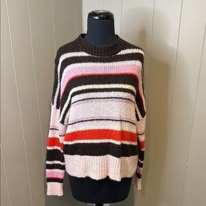 Z Something Navy Women’s Small Pink and Red Striped Crew Neck Sweater